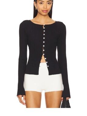 Free People size L Ribbed Button-Front Long Sleeve Top - Black